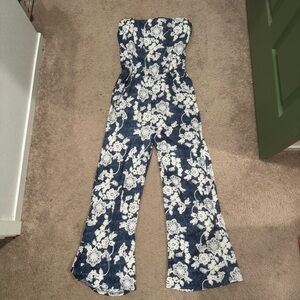 Floral Strapless Jumpsuit - Blue and White